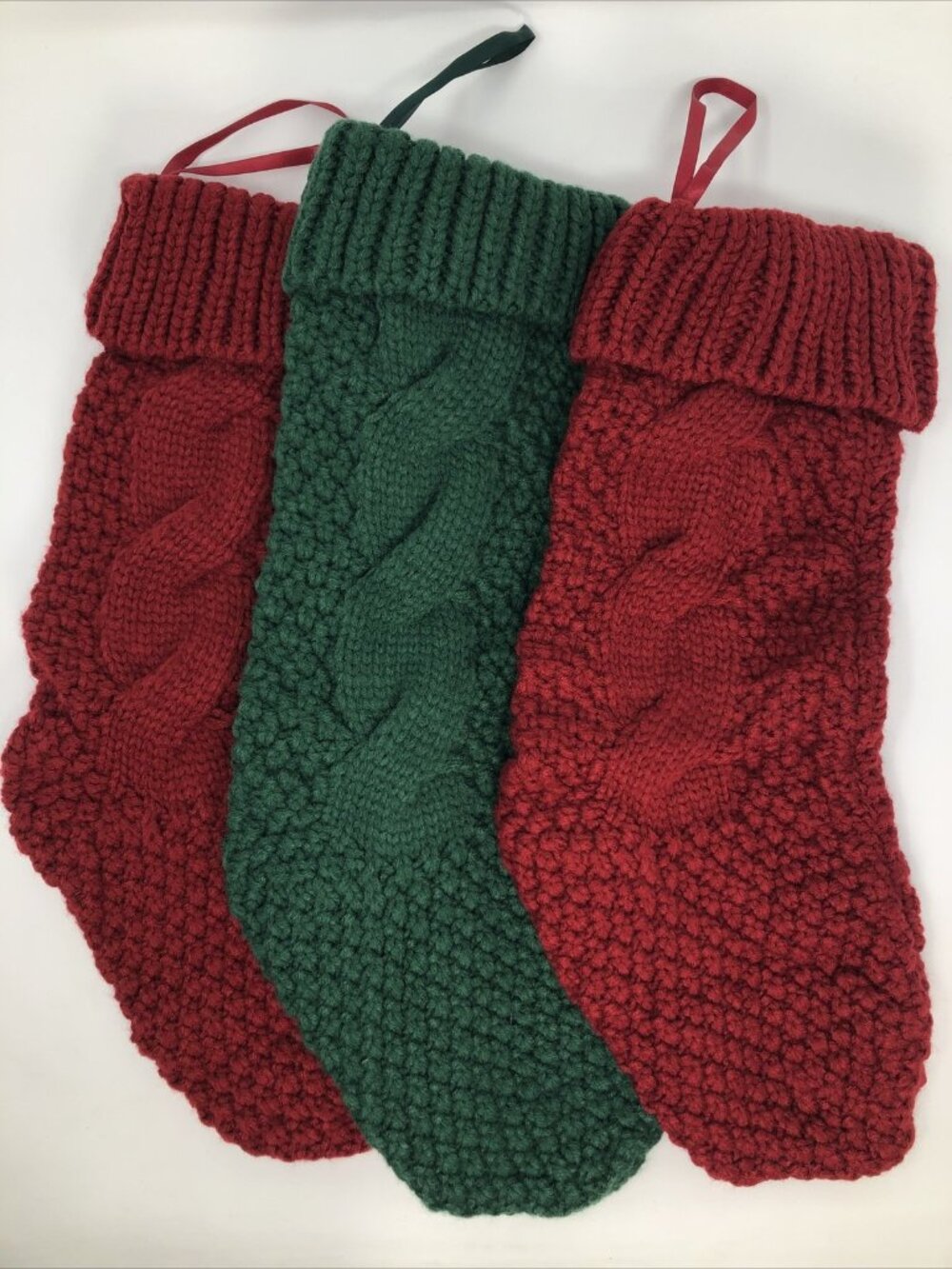 Christmas Stockings 3 Set Red Green Hanger Simple Cozy Chunky Cable Knit Holiday